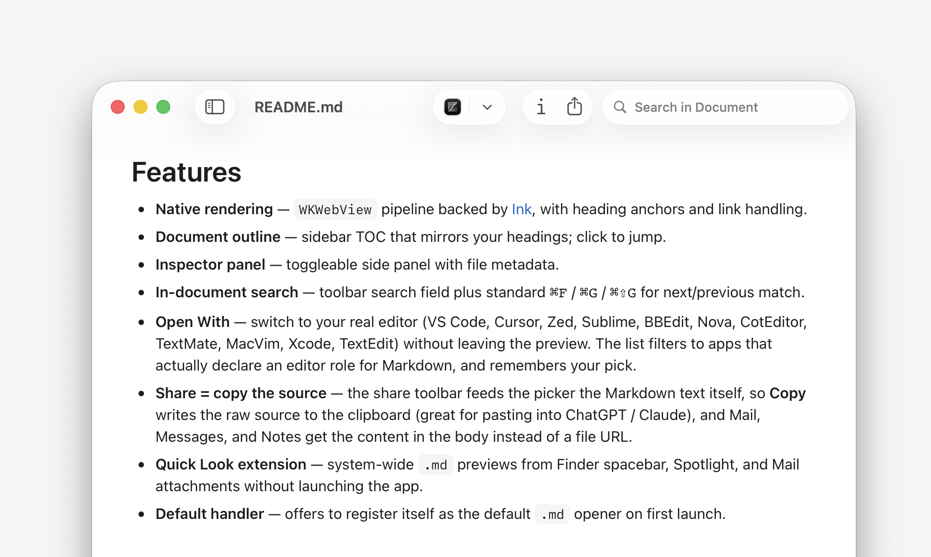 Markdown Preview rendering a Markdown document natively on macOS