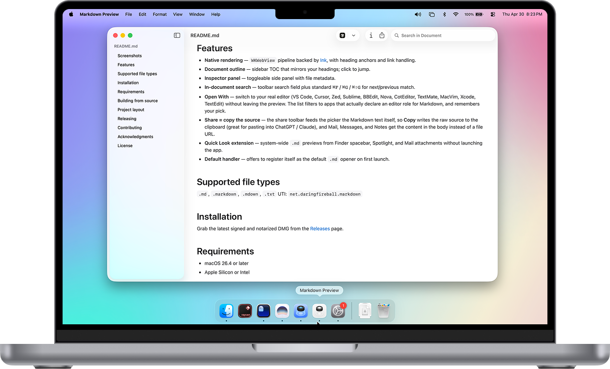 Markdown Preview rendering a README on a MacBook Pro