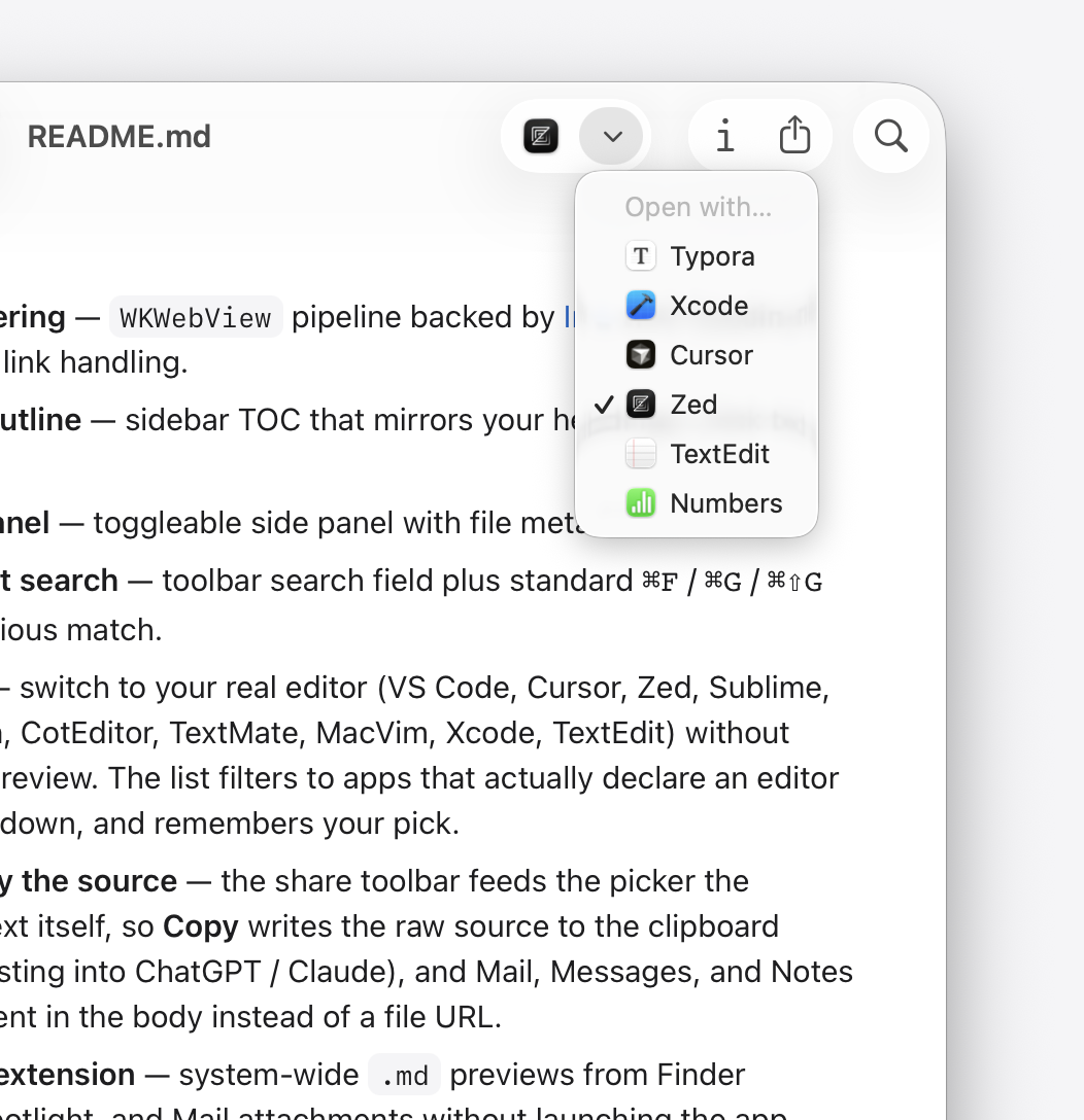 Open With picker showing Typora, Xcode, Cursor, Zed, TextEdit and Numbers as Markdown editors