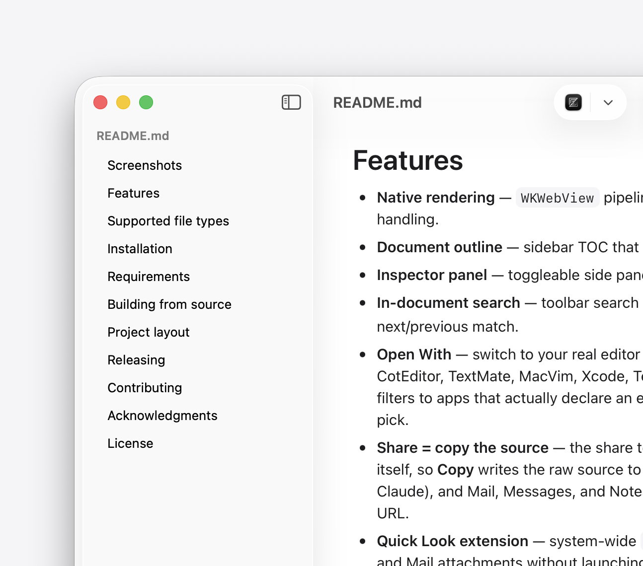Markdown Preview document outline sidebar showing every heading as a navigable list